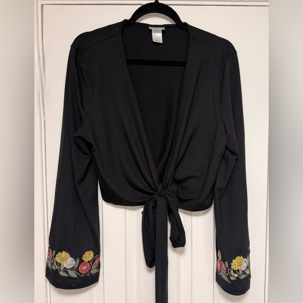 Black Floral Embroidered Tie-Front Top